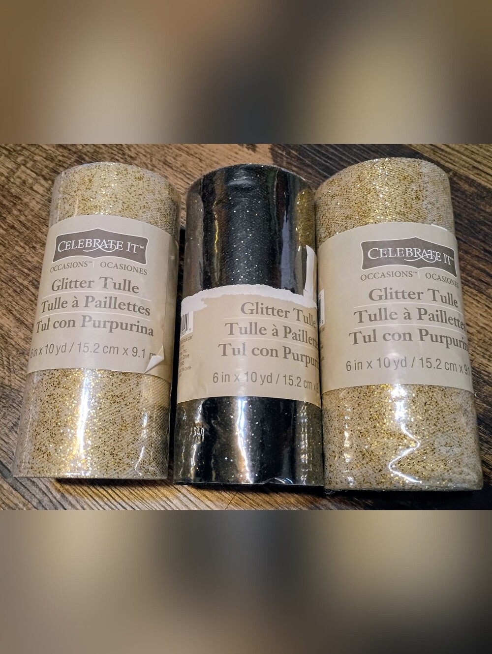 Three Glitter Tulle Two Gold One Black *NEW* Each 6" x 10 yards CELEBRATE IT